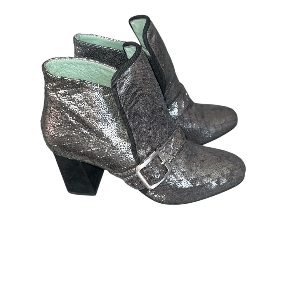 Anthropologie Paoli Arcana metallic Silver Ankle Boots  Buckle velvet block heel
